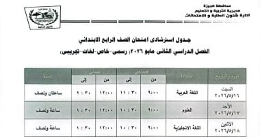جدول امتحانات الفصل الدراسي الثاني لطلاب الصف الرابع الابتدائي بمحافظة الجيزة